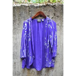 Bob Mackie Wearable Art Purple Sheer Cardigan Jacket Size M Silver Swirl Pattern